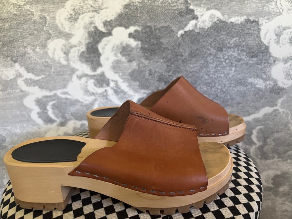 Hasbeens Clog Sandals Swedish Natural Leather Wood Size 37